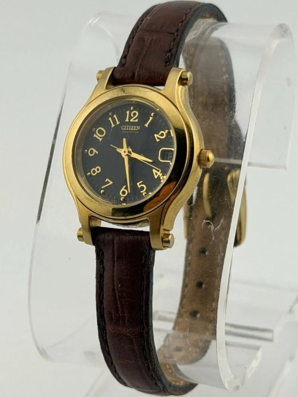 Citizen Eco-Drive Gold-Tone Black Dial 25mm Brown Leather E011-S030641